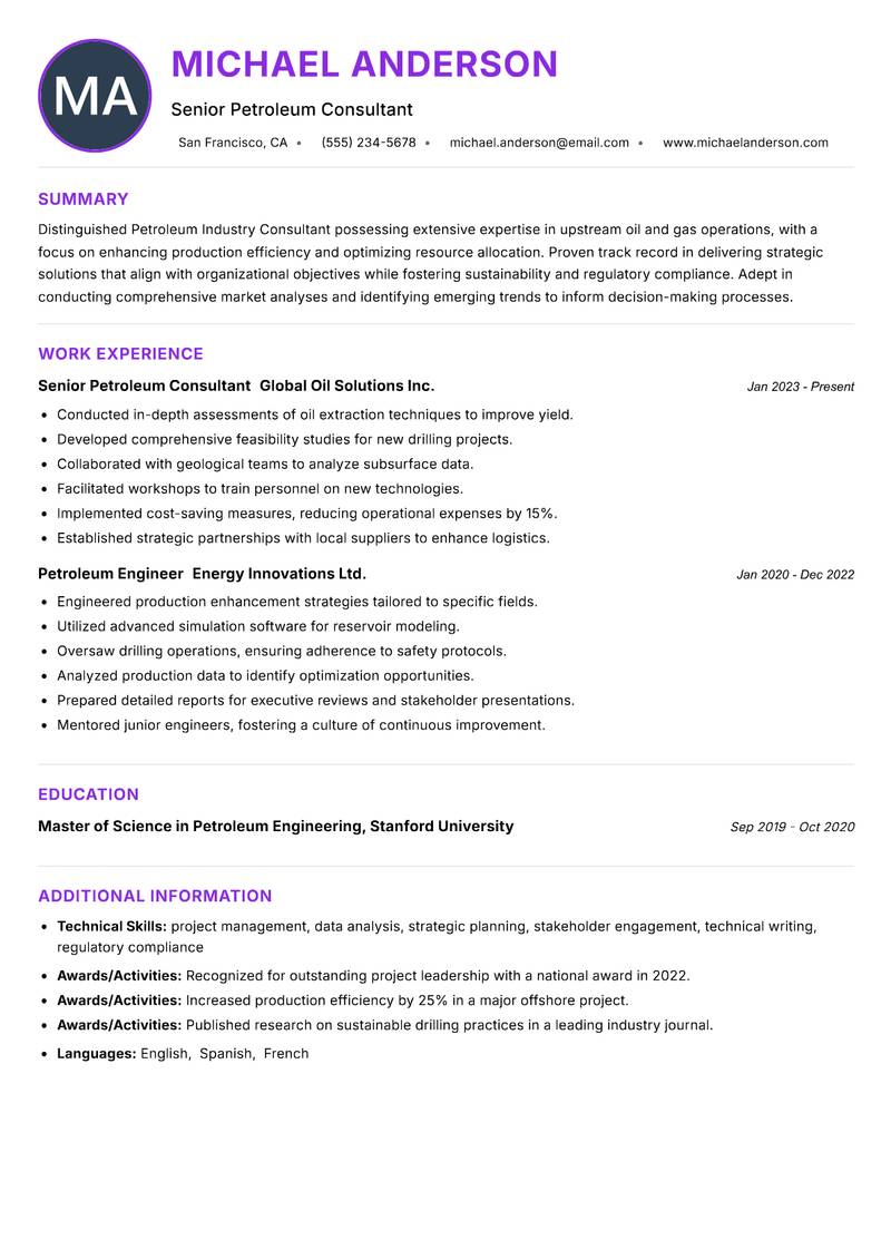 Petroleum Industry Consultant resume example — ATS-friendly template