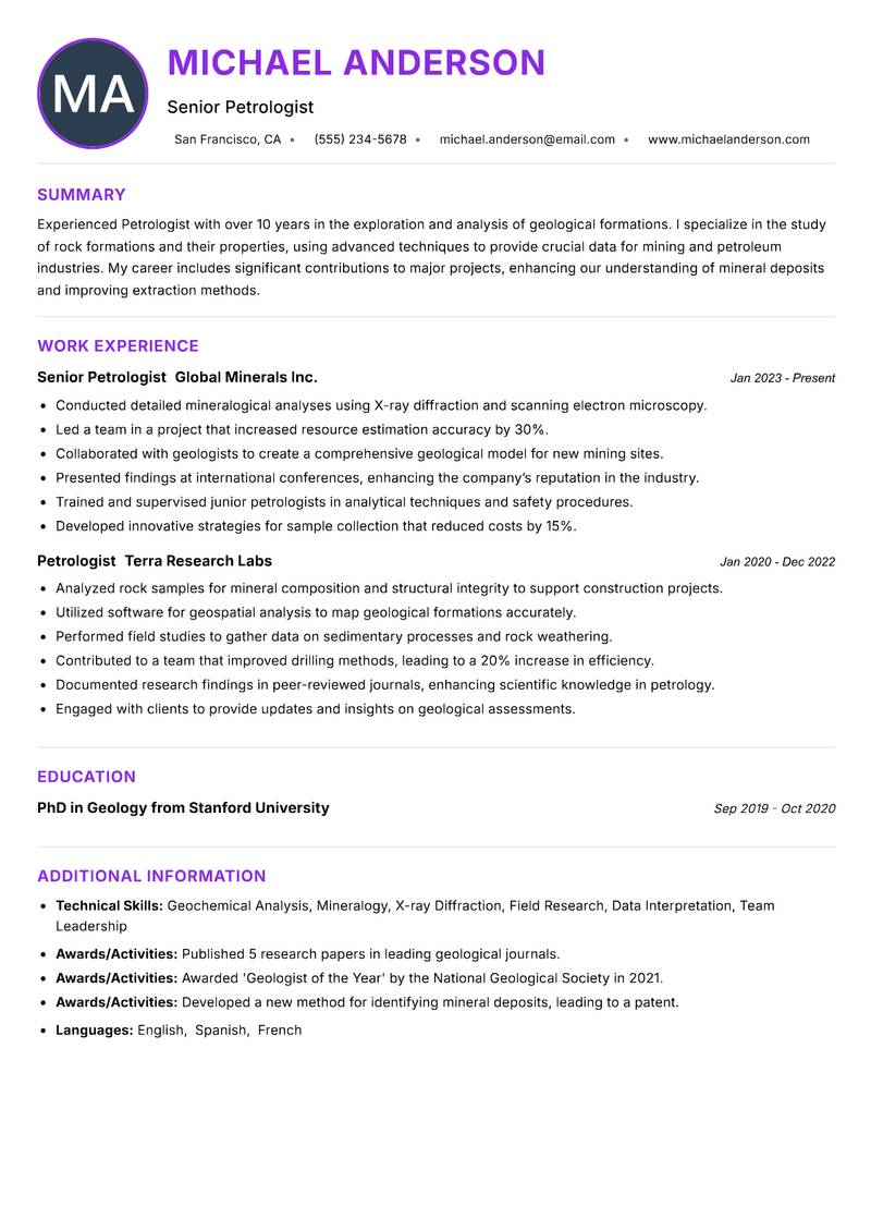 Petrologist resume example — ATS-friendly template
