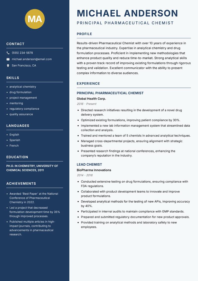 Pharmaceutical Chemist resume template — Classic Clean
