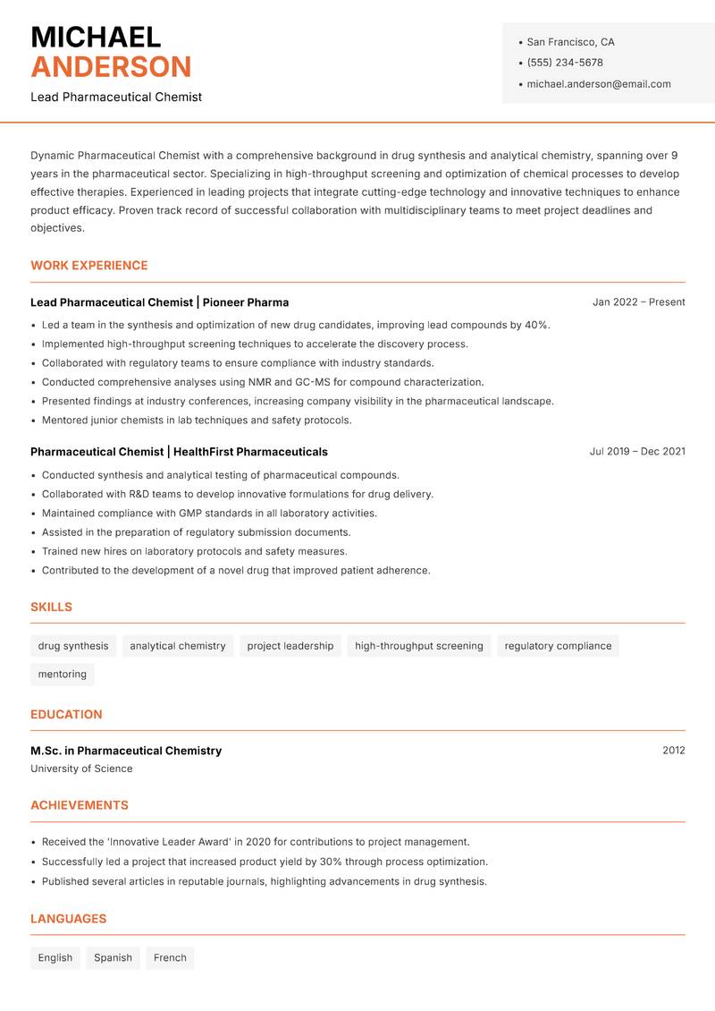Pharmaceutical Chemist resume template — Modern Professional