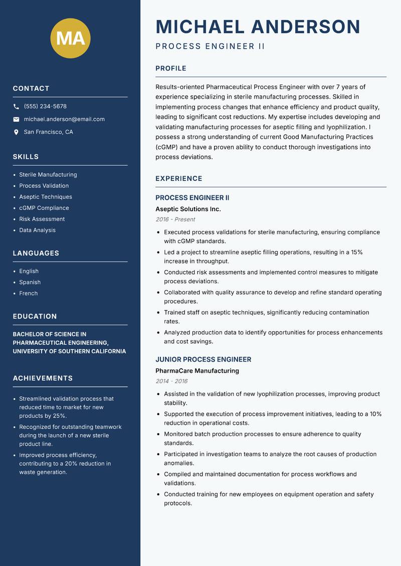 Pharmaceutical Process Engineer resume template — Classic Clean