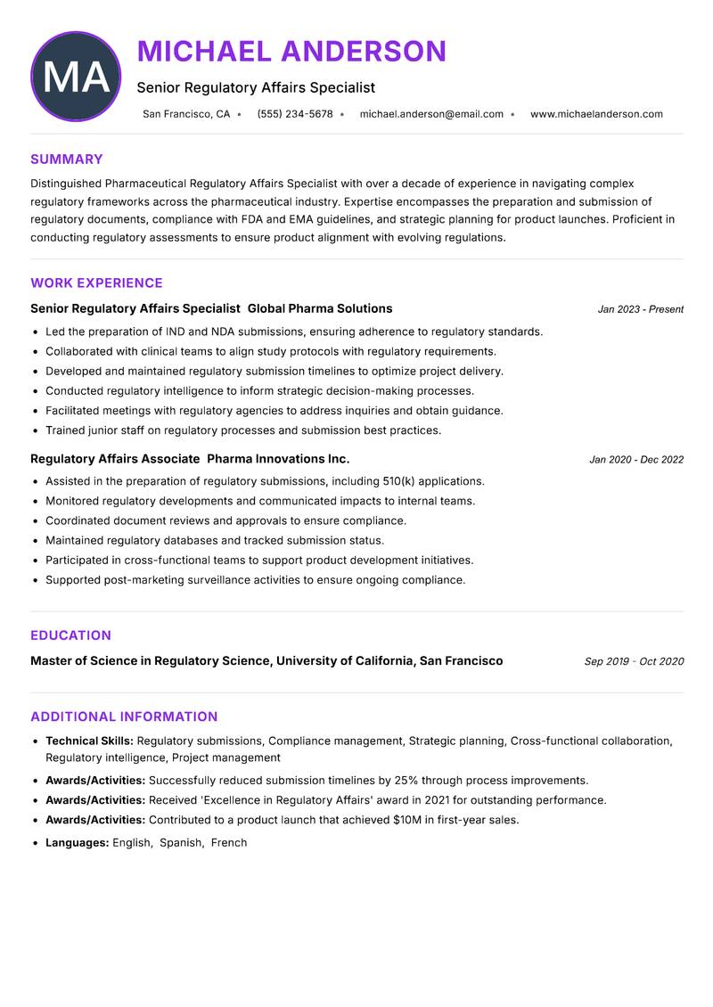 Pharmaceutical Regulatory Affairs Specialist resume example — ATS-friendly template
