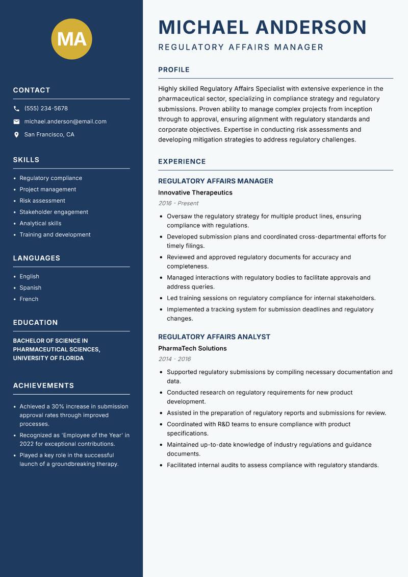 Pharmaceutical Regulatory Affairs Specialist resume template — Classic Clean