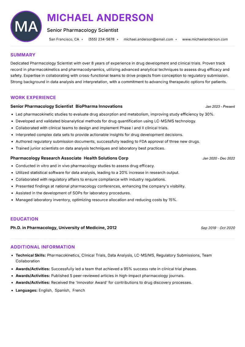 Pharmacology Scientist resume example — ATS-friendly template