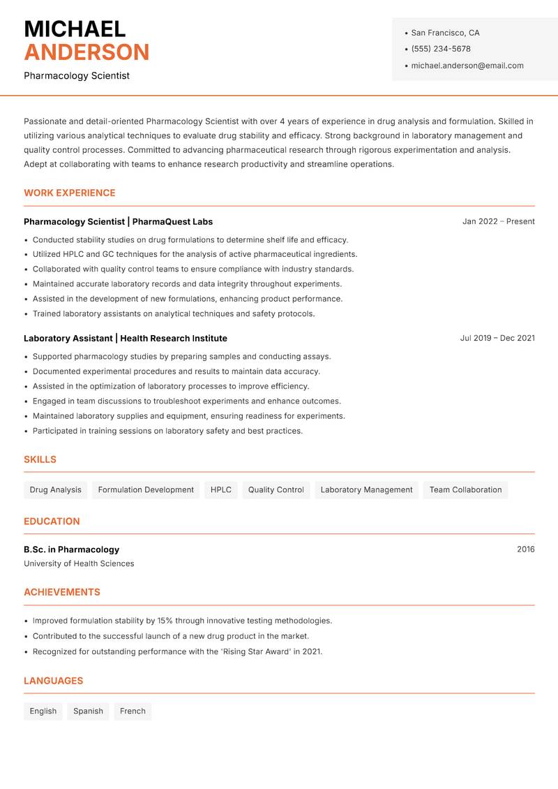 Pharmacology Scientist resume template — Modern Professional