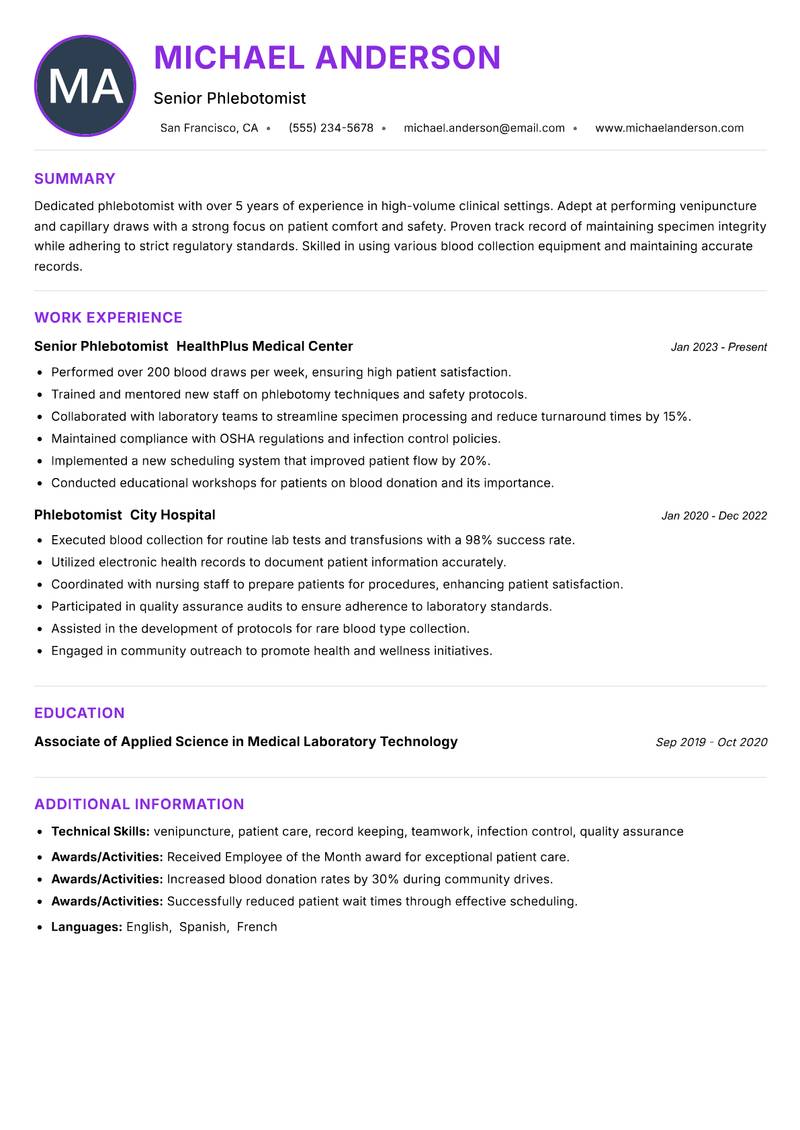 Phlebotomist resume example — ATS-friendly template