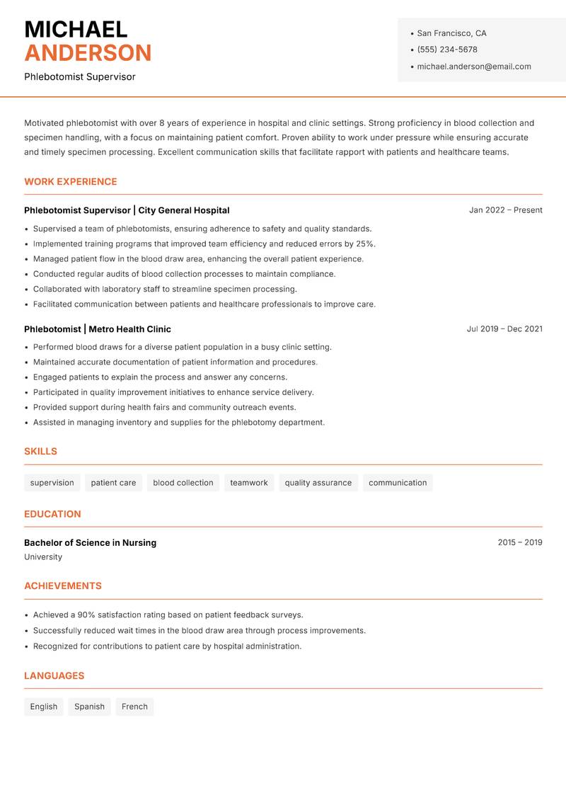 Phlebotomist resume template — Modern Professional