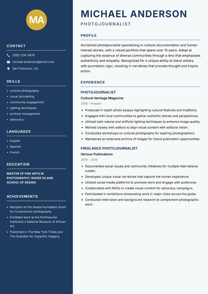 Photojournalist resume template — Classic Clean