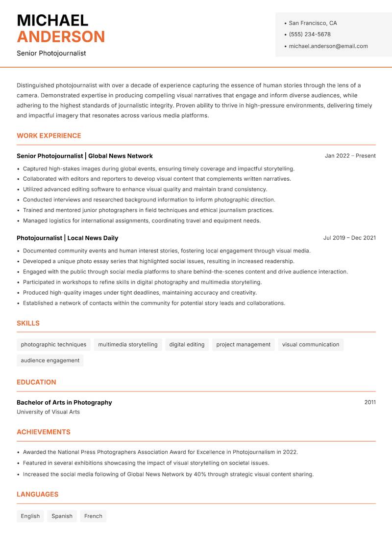 Photojournalist resume template — Modern Professional