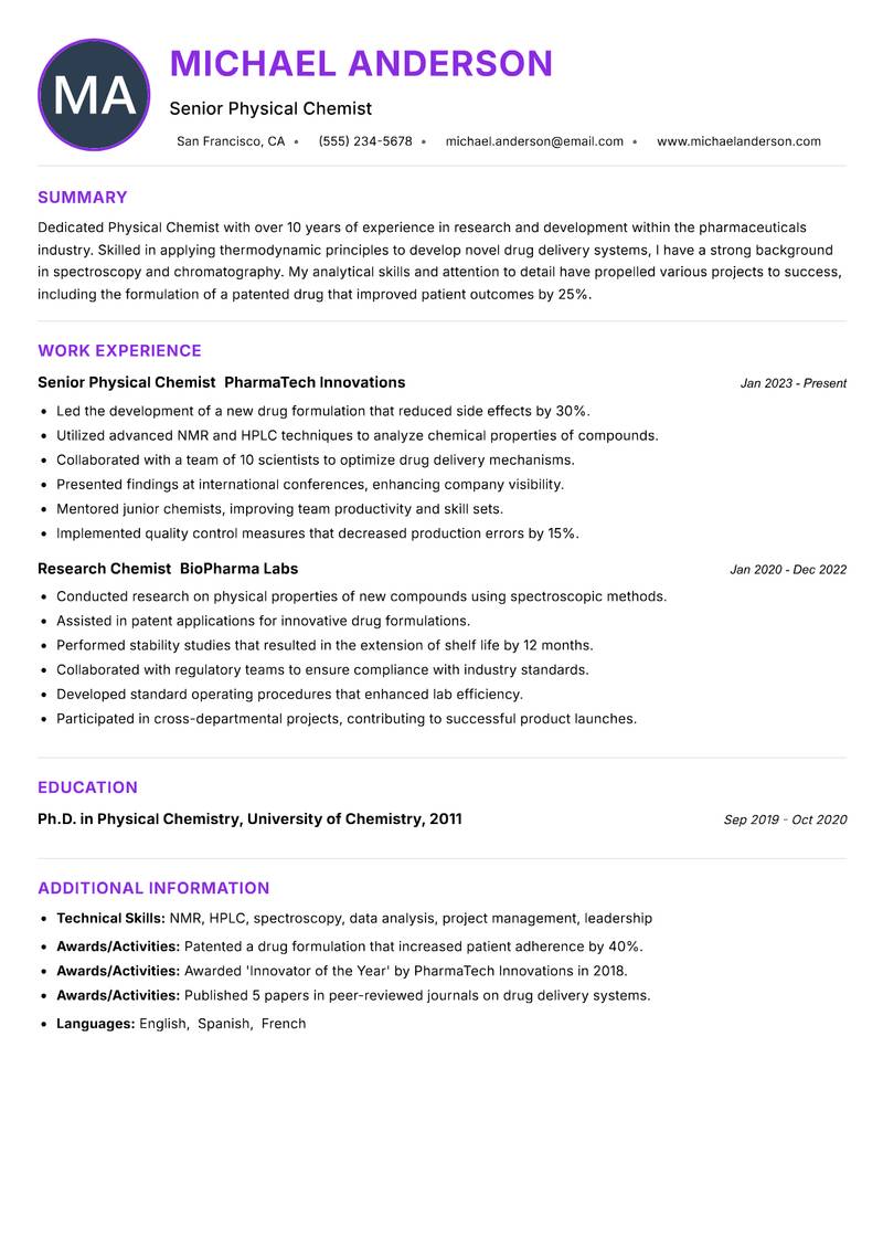 Physical Chemist resume example — ATS-friendly template