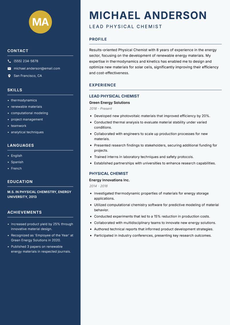 Physical Chemist resume template — Classic Clean