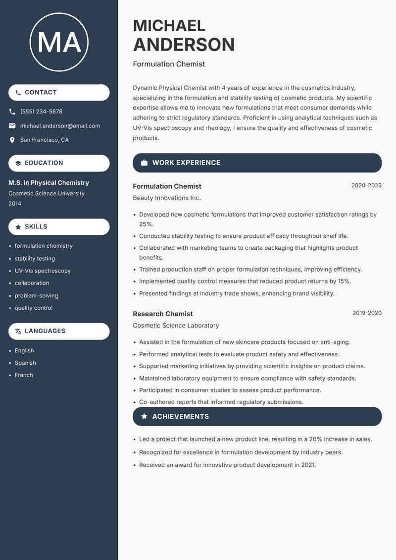 Physical Chemist resume template — Compact