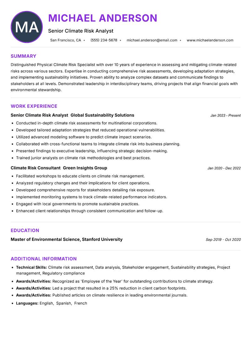 Physical Climate Risk Specialist resume example — ATS-friendly template