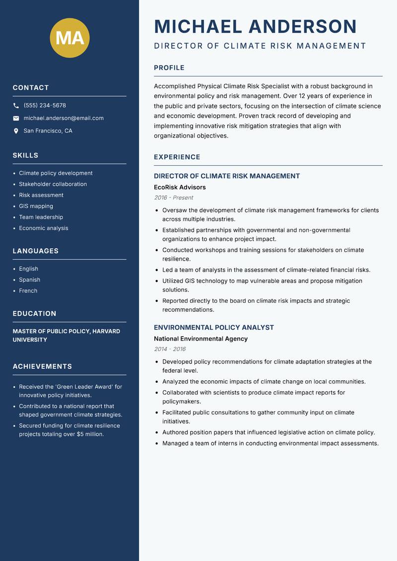 Physical Climate Risk Specialist resume template — Classic Clean