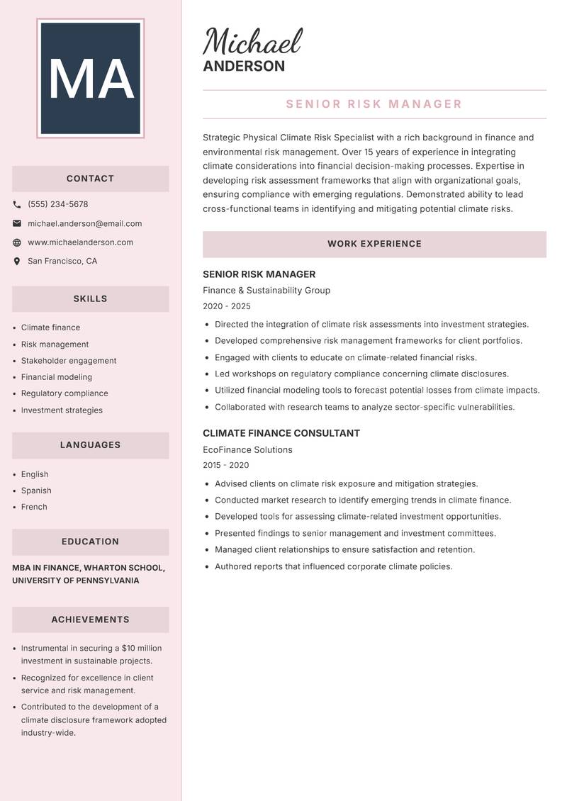 Physical Climate Risk Specialist resume template — Executive