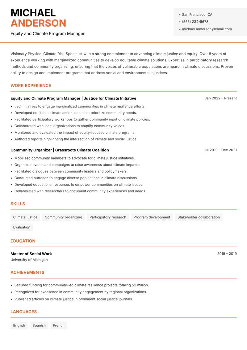 Physical Climate Risk Specialist resume template — Modern Professional