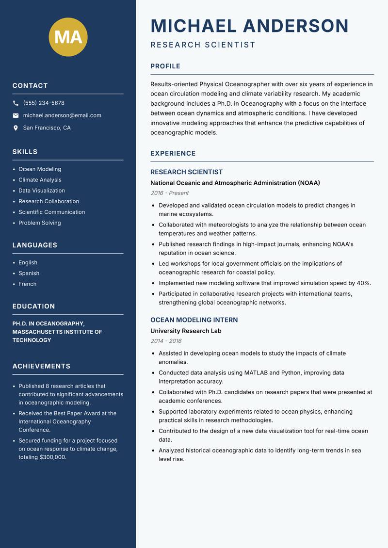 Physical Oceanographer resume template — Classic Clean