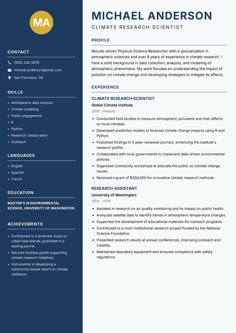 Physical Science Researcher resume template — Classic Clean