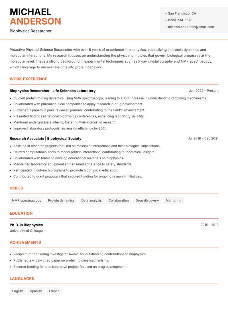 Physical Science Researcher resume template — Modern Professional