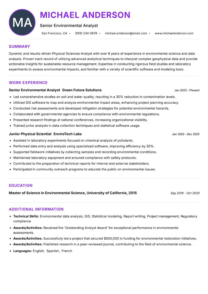 Physical Sciences Analyst resume example — ATS-friendly template