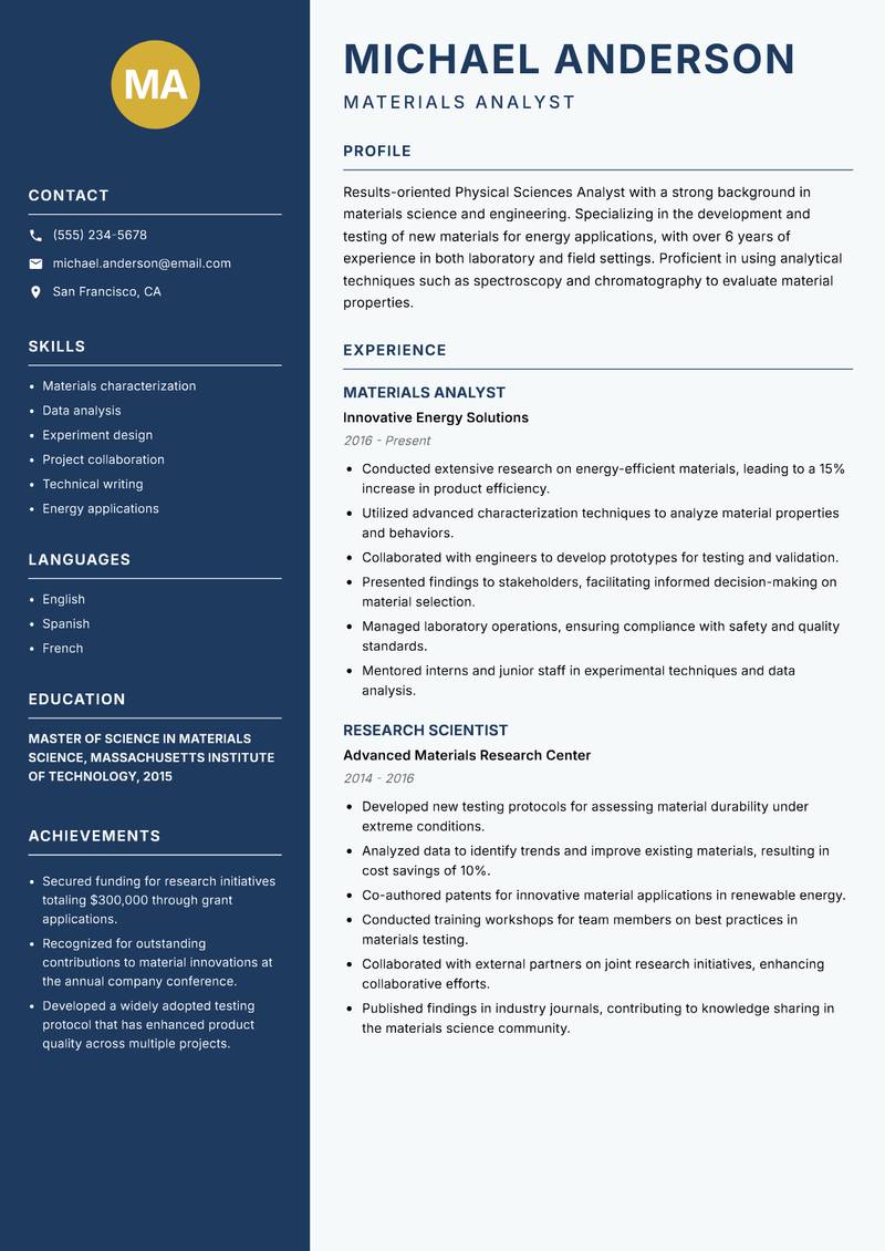Physical Sciences Analyst resume template — Classic Clean
