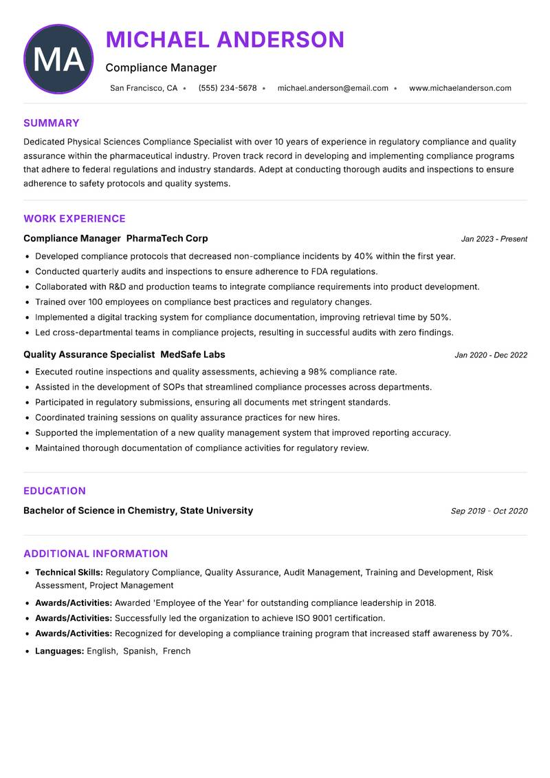Physical Sciences Compliance Specialist resume example — ATS-friendly template