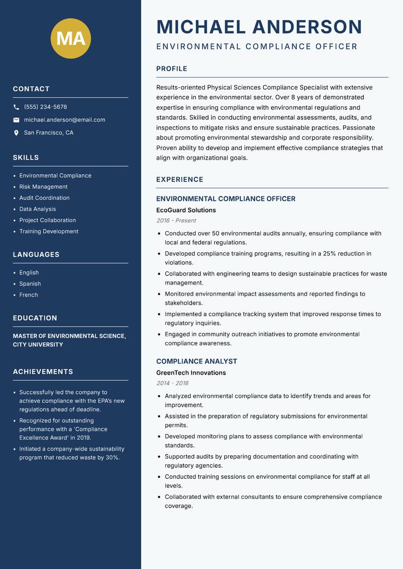Physical Sciences Compliance Specialist resume template — Classic Clean