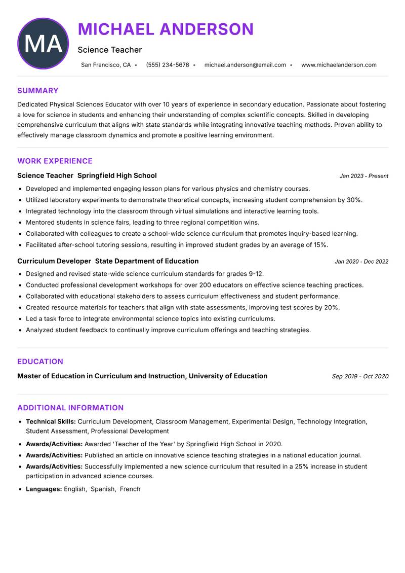 Physical Sciences Educator resume example — ATS-friendly template