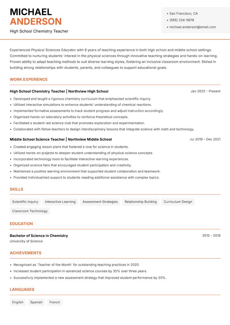 Physical Sciences Educator resume template — Modern Professional