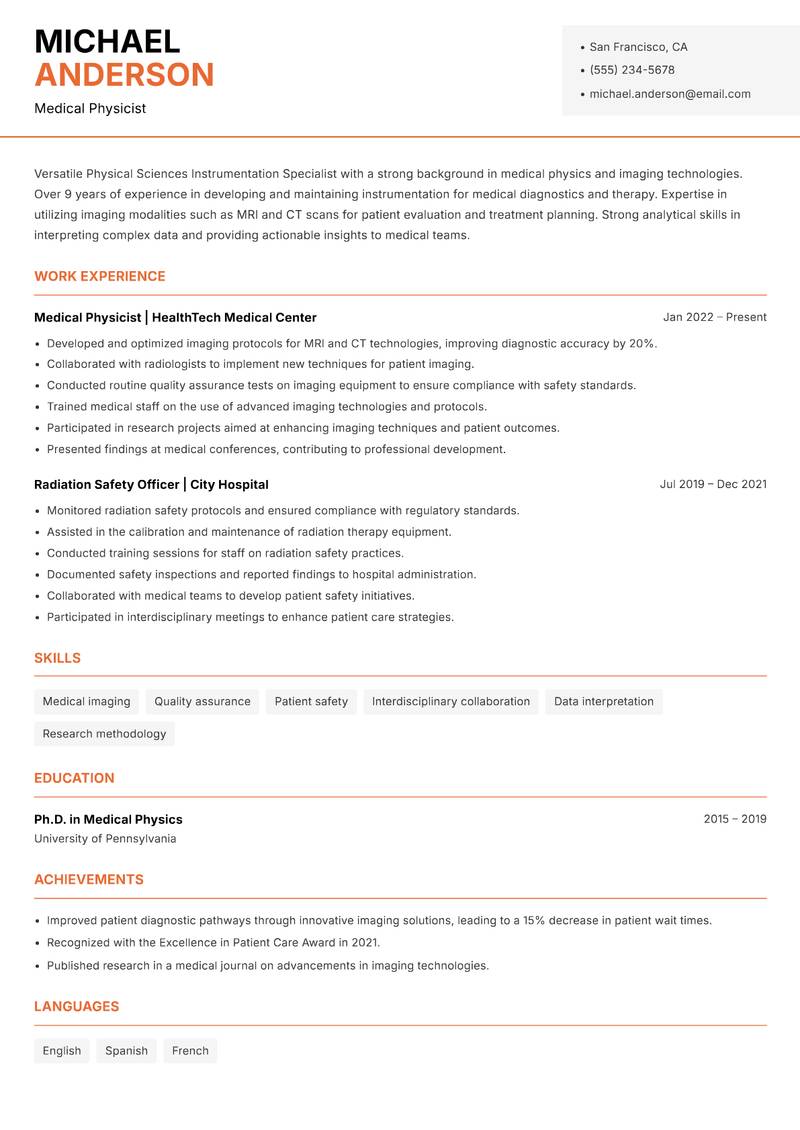 Physical Sciences Instrumentation Specialist resume template — Modern Professional