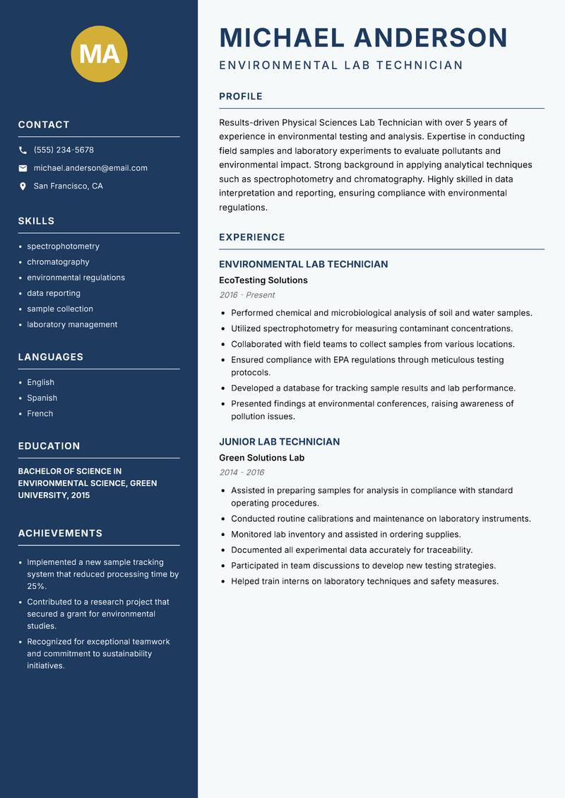Physical Sciences Lab Technician resume template — Classic Clean