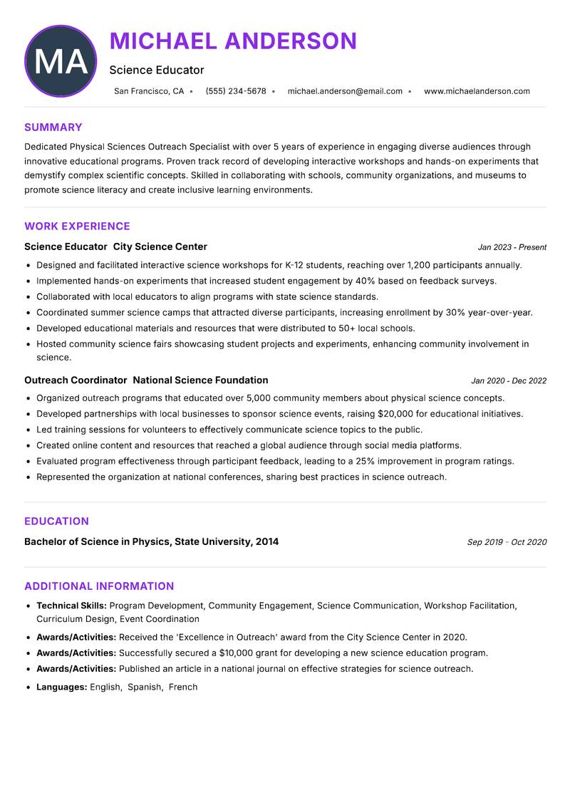 Physical Sciences Outreach Specialist resume example — ATS-friendly template