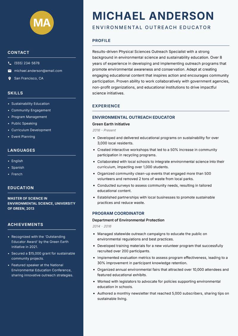 Physical Sciences Outreach Specialist resume template — Classic Clean