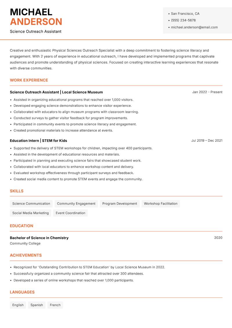 Physical Sciences Outreach Specialist resume template — Modern Professional