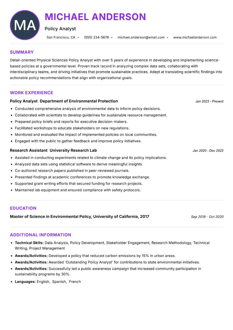 Physical Sciences Policy Analyst resume example — ATS-friendly template