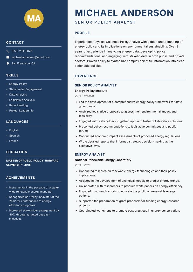 Physical Sciences Policy Analyst resume template — Classic Clean