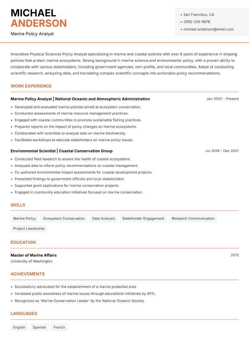 Physical Sciences Policy Analyst resume template — Modern Professional