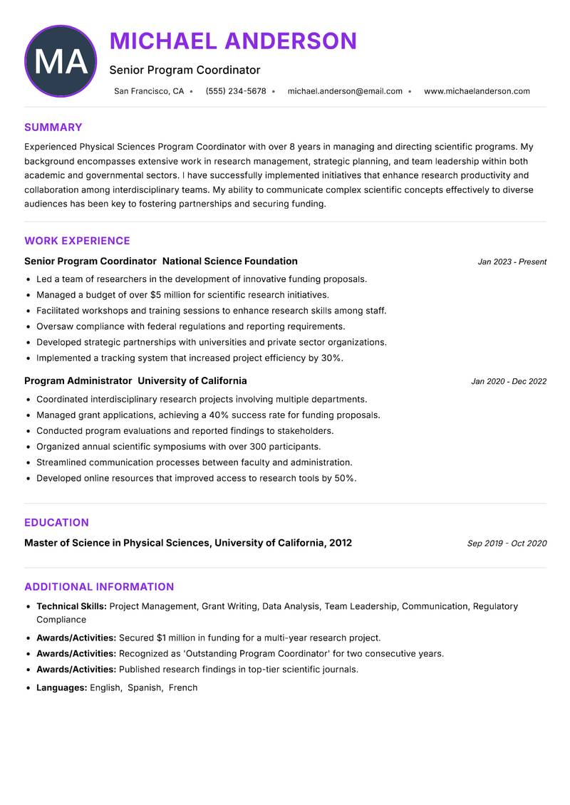 Physical Sciences Program Coordinator resume example — ATS-friendly template