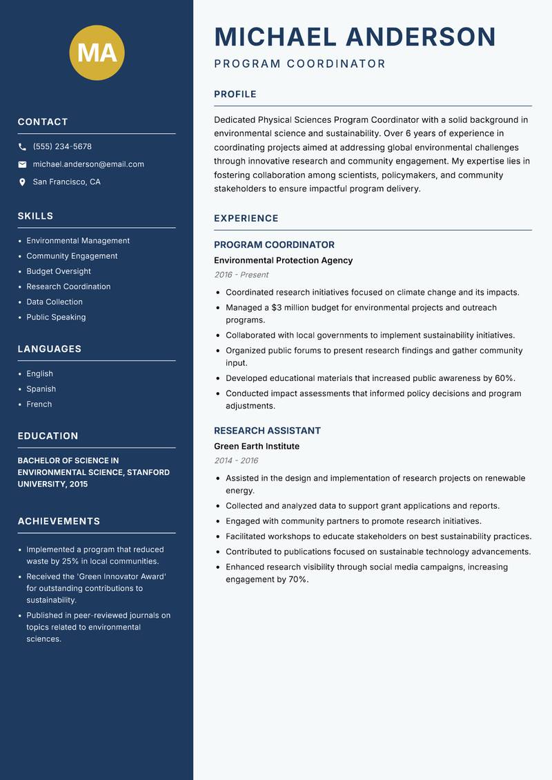 Physical Sciences Program Coordinator resume template — Classic Clean