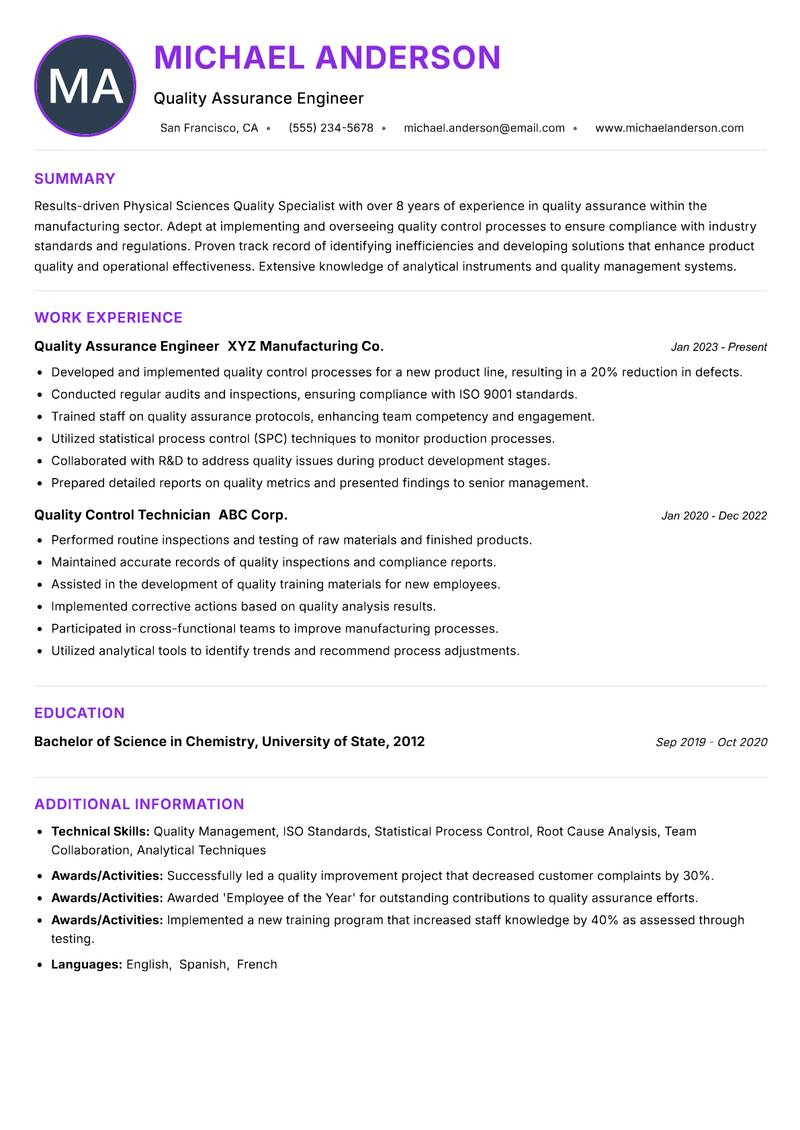 Physical Sciences Quality Specialist resume example — ATS-friendly template