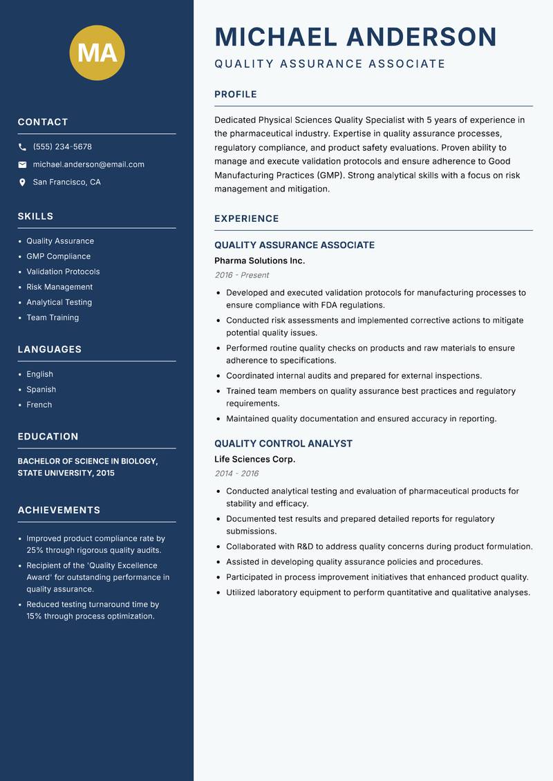 Physical Sciences Quality Specialist resume template — Classic Clean