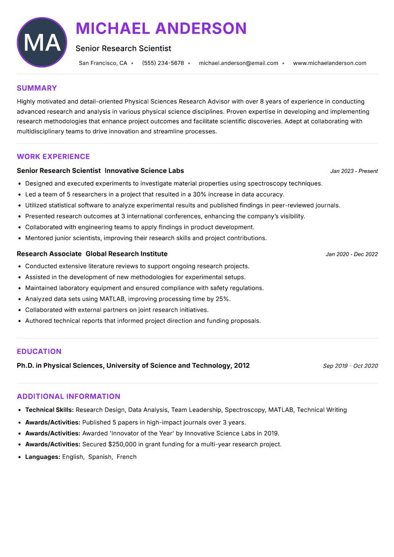 Physical Sciences Research Advisor resume example — ATS-friendly template