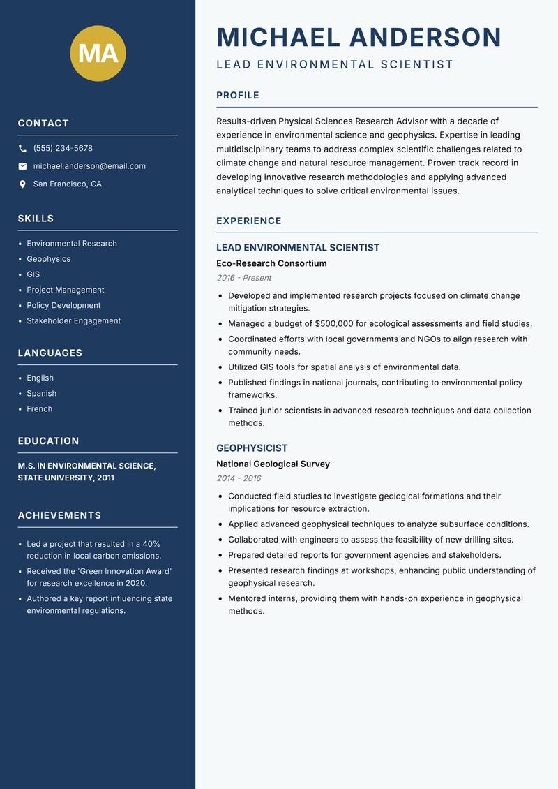 Physical Sciences Research Advisor resume template — Classic Clean