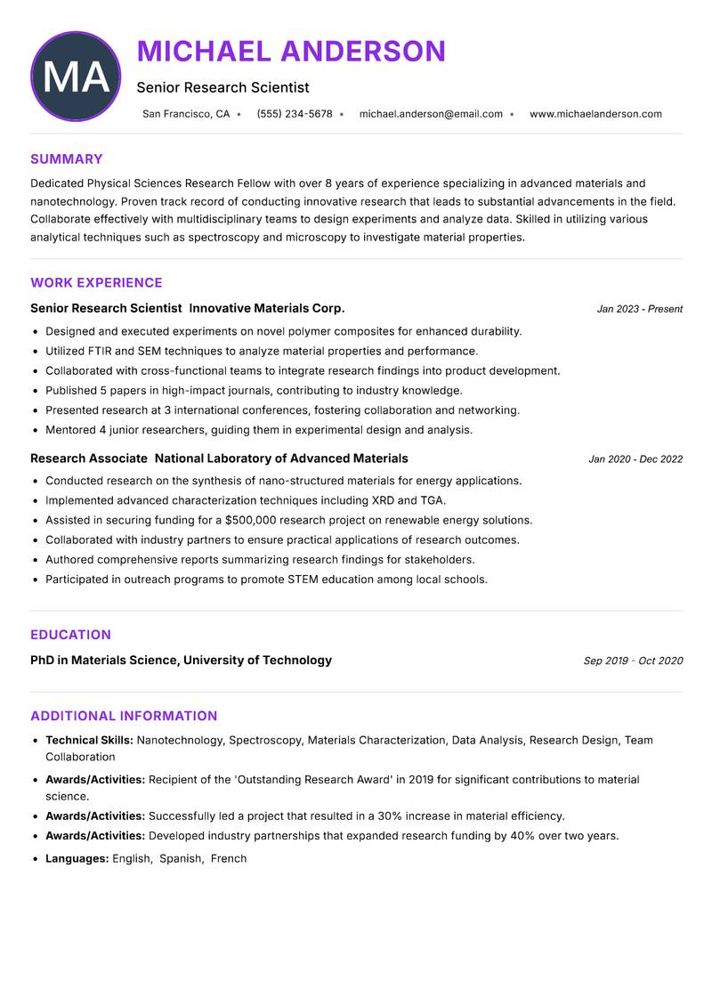 Physical Sciences Research Fellow resume example — ATS-friendly template