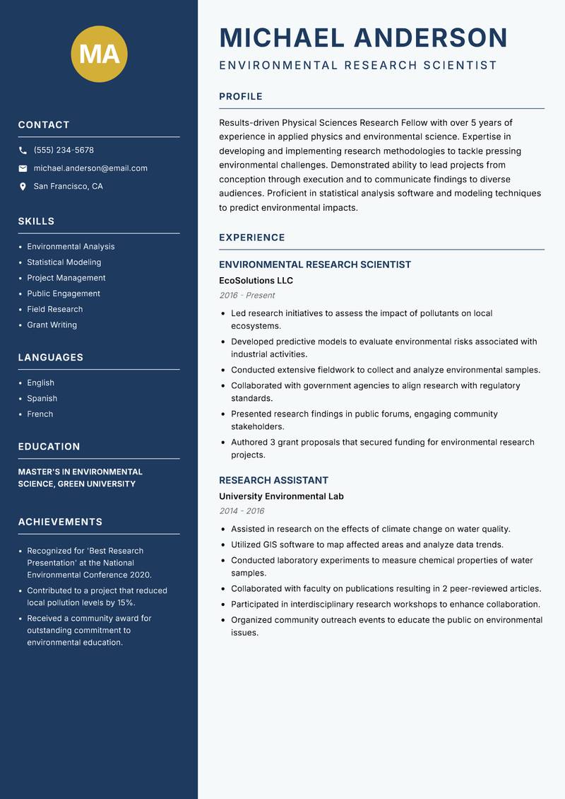 Physical Sciences Research Fellow resume template — Classic Clean