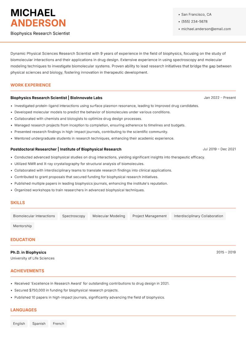 Physical Sciences Research Scientist resume template — Modern Professional