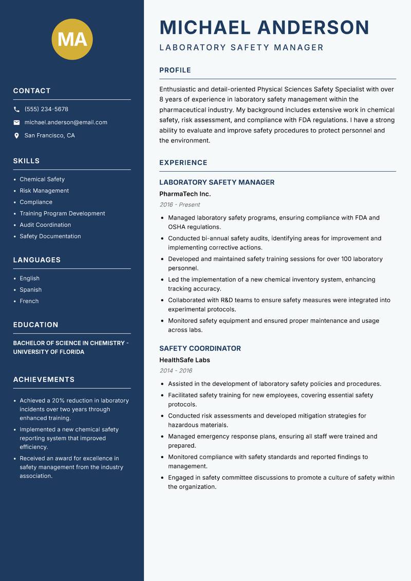 Physical Sciences Safety Specialist resume template — Classic Clean