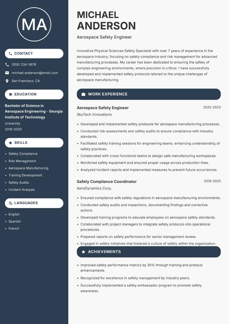 Physical Sciences Safety Specialist resume template — Compact