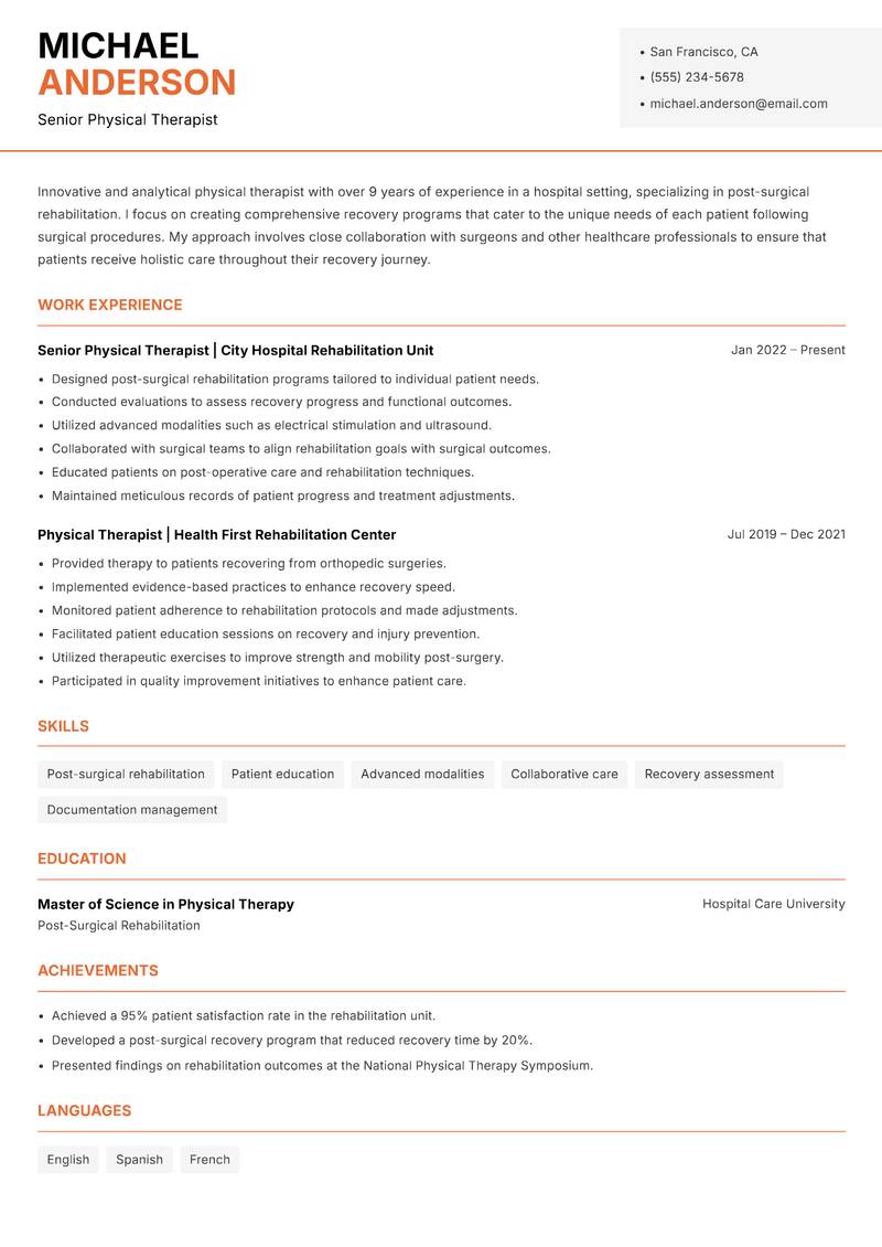 Physical Therapist resume template — Modern Professional