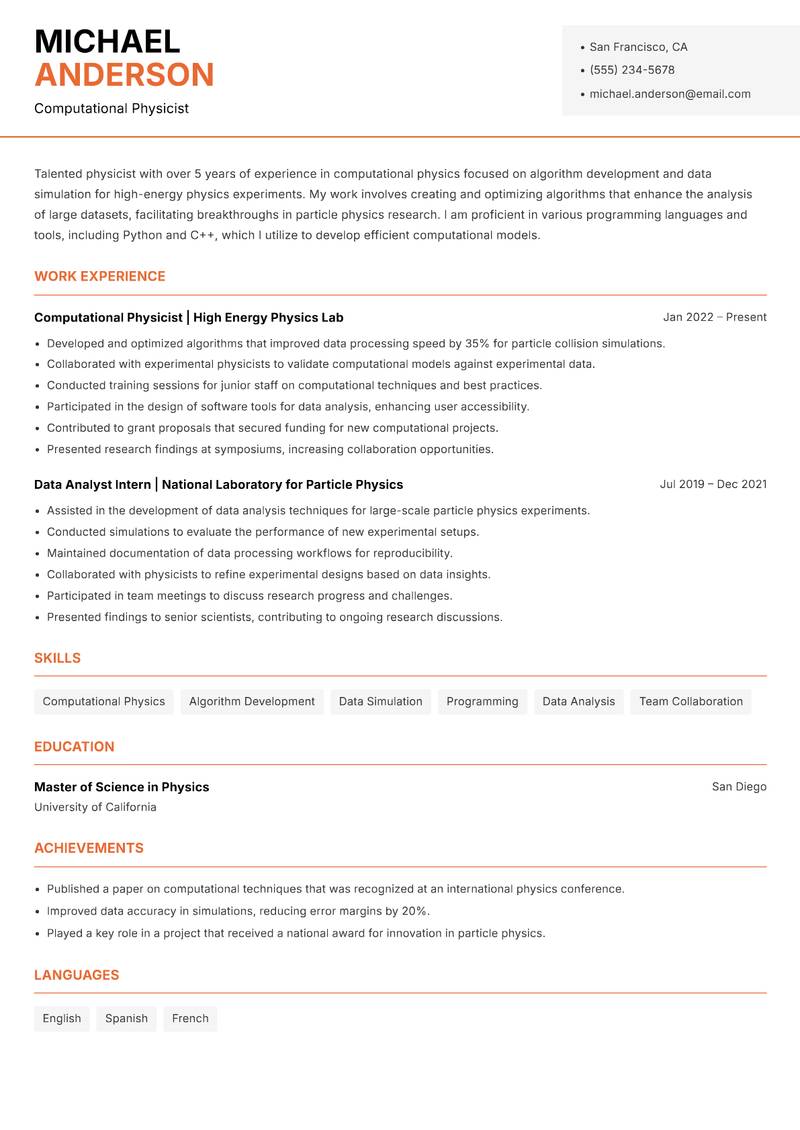 Physicist resume template — Modern Professional